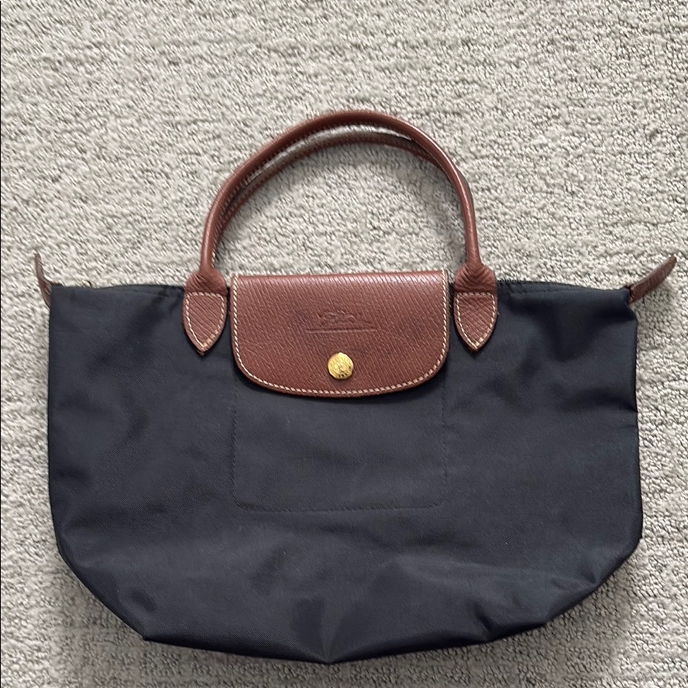Longchamp Black Nylon Tote with Brown Leather Trim